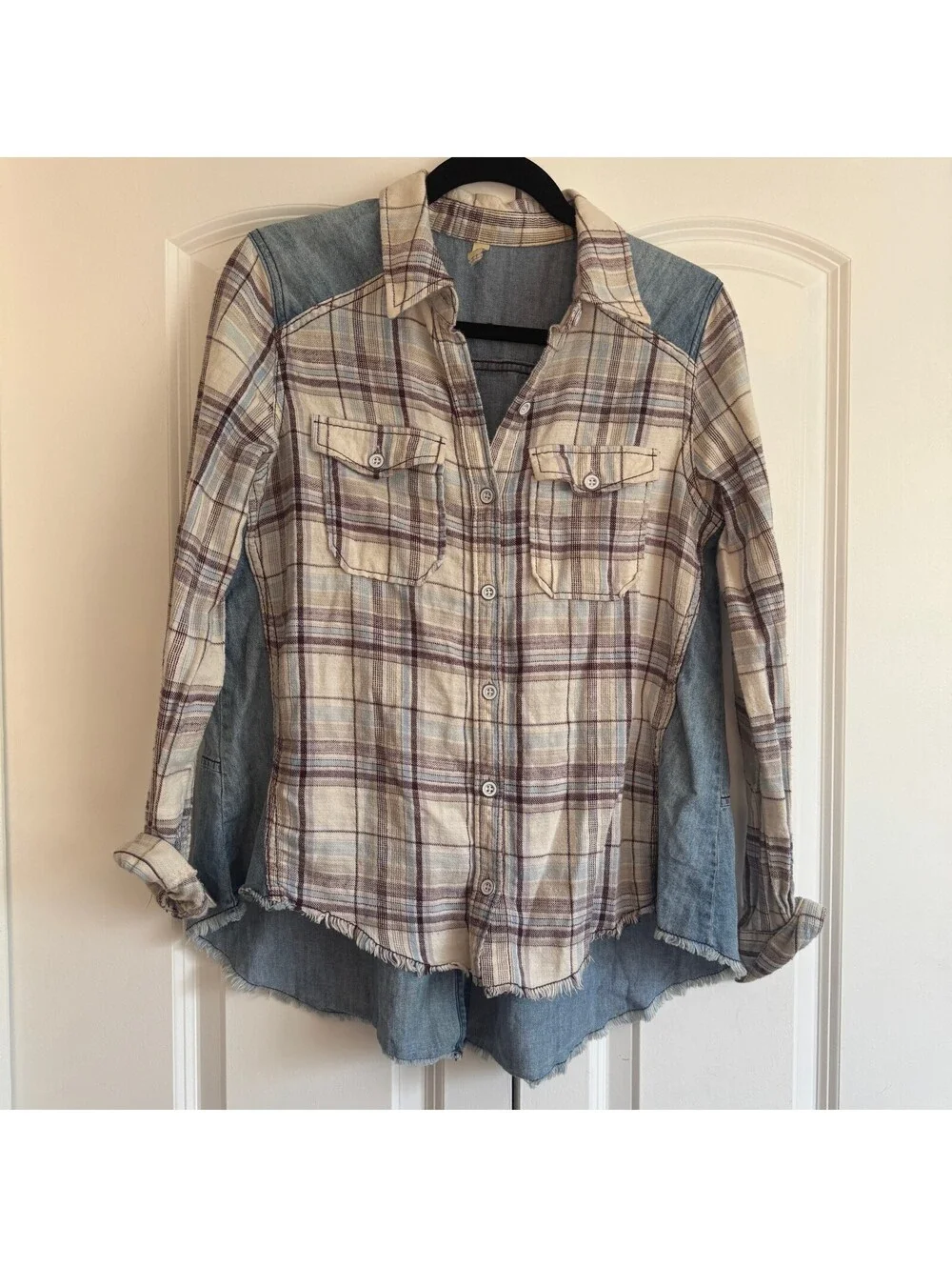 Free People Clara Mixed Media Plaid Denim Button Down Shirt Fringe Small